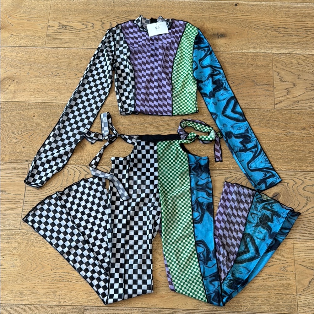 Colorblock Checkerboard Long Sleeve Top and Pants Set - Multicolor